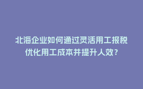 北海企业如何通过灵活用工报税优化用工成本并提升人效？