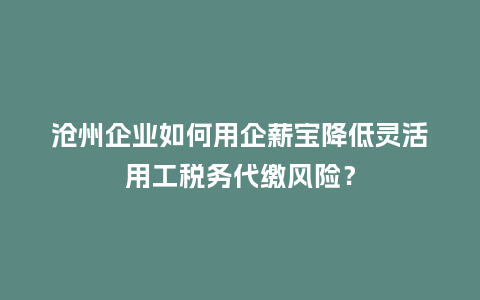 沧州企业如何用企薪宝降低灵活用工税务代缴风险？